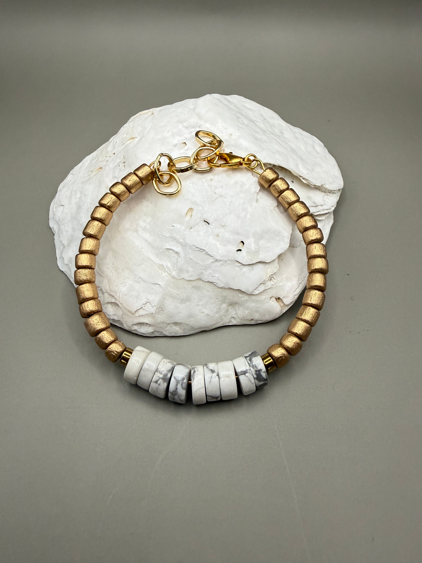 Howlite & Gold Wood Heishi