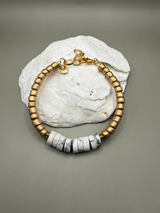 Howlite & Gold Wood Heishi